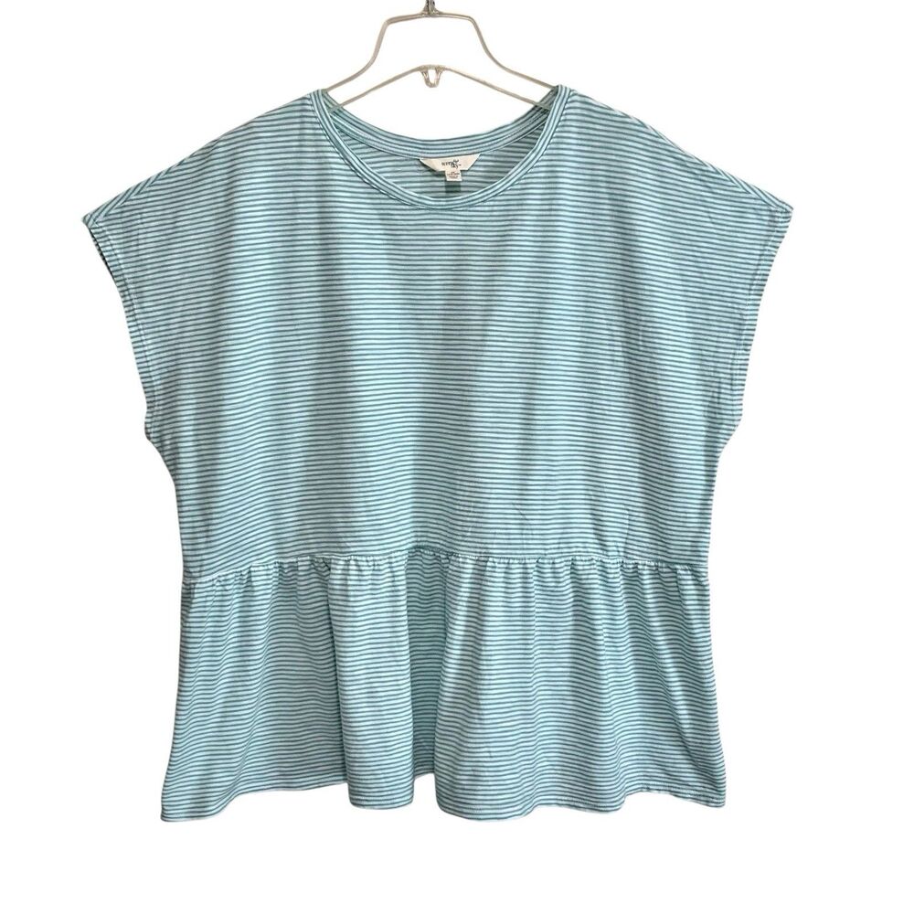 Terra & Sky T Shirt Womens Size 1X Green White Stripes Short Sleeve Stretch